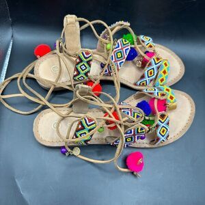 Chinese Laundry Womens Size 8 Colorful Beaded Dangle Coins Wrap Ankle Sandals